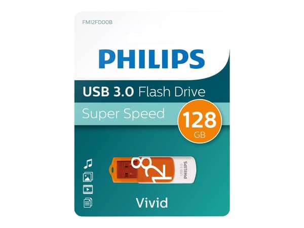 Philips FM12FD00B, 128 GB, USB A-tyyppi, 3.2 Gen 1 (3.1 Gen 1), Taittuva, 8 g, Oranssi, Valkoinen