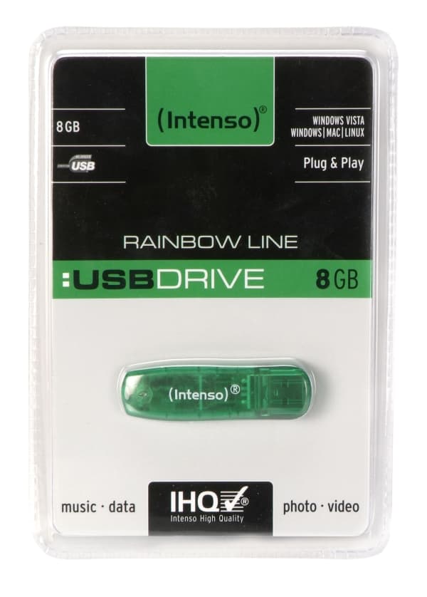 Intenso Rainbow Line, 8 GB, USB A-tyyppi, 2.0, 28 MB/s, Suojus, Vihreä