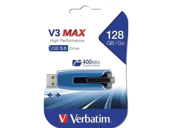 Verbatim Store ''n'' Go V3 Max, 128 GB, USB A-tyyppi, 3.2 Gen 1 (3.1 Gen 1), 175 MB/s, Liuku, Musta, Sininen