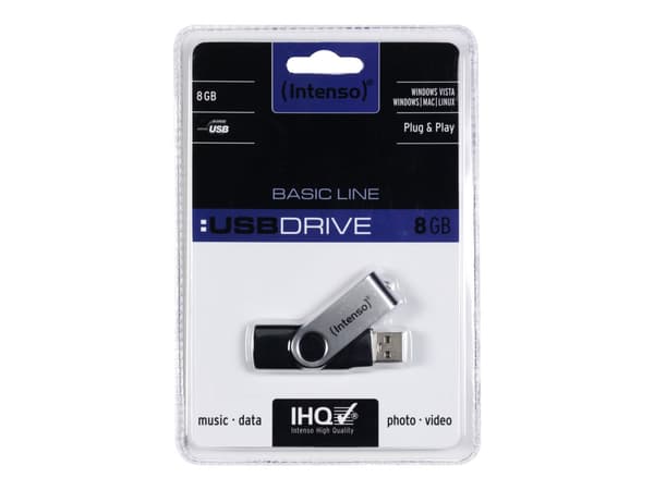Intenso Basic Line, 8 GB, USB A-tyyppi, 2.0, 28 MB/s, Taittuva, Musta, Hopea