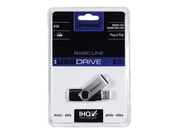 Intenso Basic Line, 8 GB, USB A-tyyppi, 2.0, 28 MB/s, Taittuva, Musta, Hopea musta, Hopea