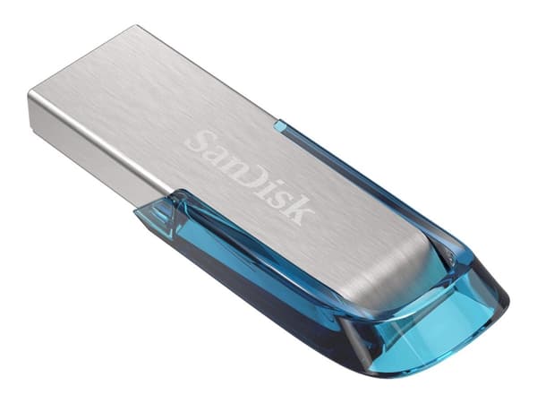 SanDisk Ultra Flair - USB-flashstasjon - 64 GB - USB 3.0 - blå Blå, Sølv