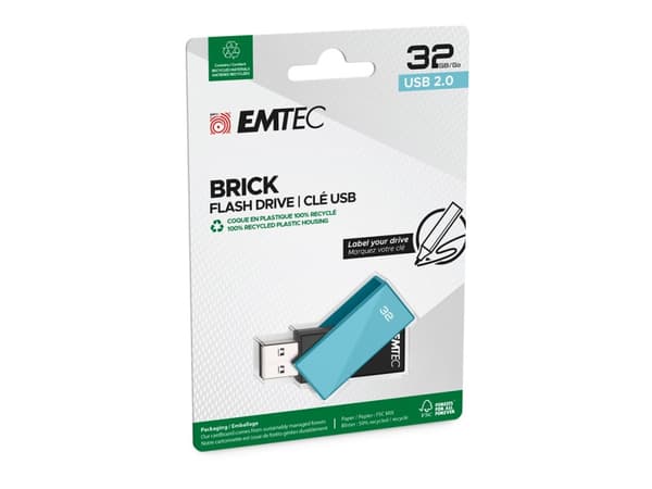 Emtec C350 Brick 2.0, 32 GB, USB A-tyyppi, 2.0, 15 MB/s, Taittuva, Musta, Sininen