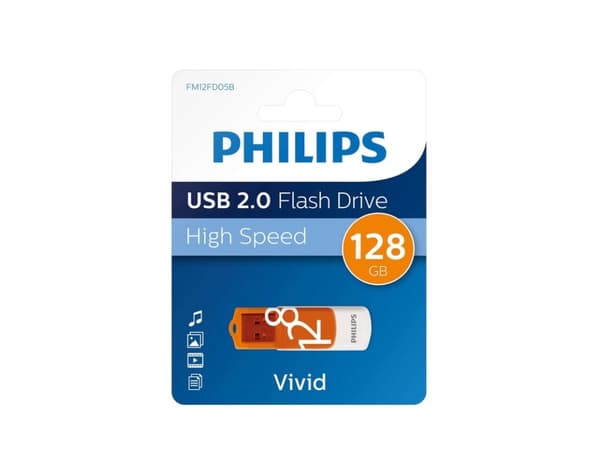 Philips FM12FD05B, 128 GB, USB A-tyyppi, 2.0, Taittuva, 8 g, Oranssi, Valkoinen