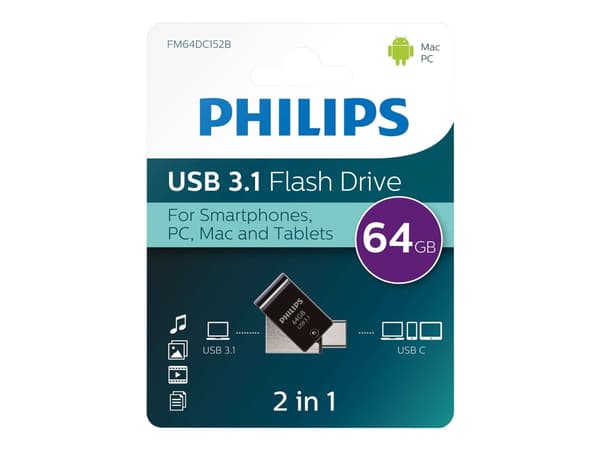 Philips FM64DC152B/00, 64 GB, USB Type-C, 3.2 Gen 1 (3.1 Gen 1), 180 MB/s, Ilman suojusta, Musta