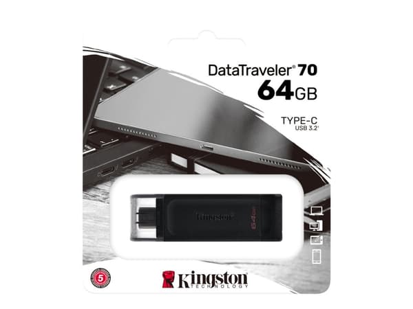 Kingston Technology DataTraveler 70, 64 GB, USB Type-C, 3.2 Gen 1 (3.1 Gen 1), Kaapeli, 7 g, Musta