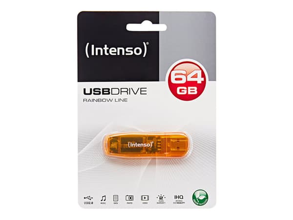 Intenso Rainbow Line, 64 GB, USB A-tyyppi, 2.0, 28 MB/s, Suojus, Oranssi Oranssi