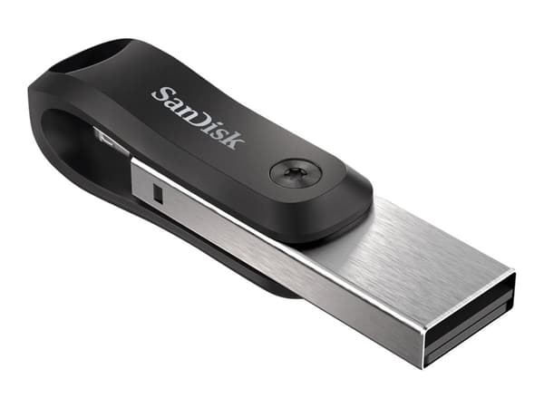 SanDisk iXpand Go - USB-flashstasjon - 64 GB - USB 3.0 / Lightning - for Apple iPad/iPhone (Lightning) Sort, Sølv