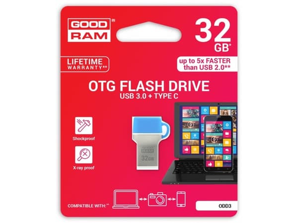 Goodram ODD3 USB-minnepenn 32 GB USB Type-A / USB Type-C 3.2 Gen 1 (3.1 Gen 1) Blå, Sølv