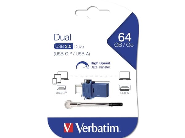 Verbatim 49967, 64 GB, USB Type-A / USB Type-C, 3.2 Gen 1 (3.1 Gen 1), Ilman suojusta, 3,6 g, Musta, Sininen, Hopea