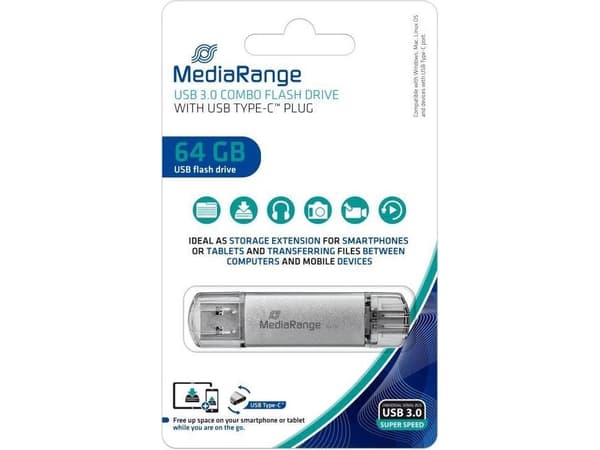 MediaRange combo - USB-flashstasjon - 64 GB - USB 3.1 / USB-C - sølv