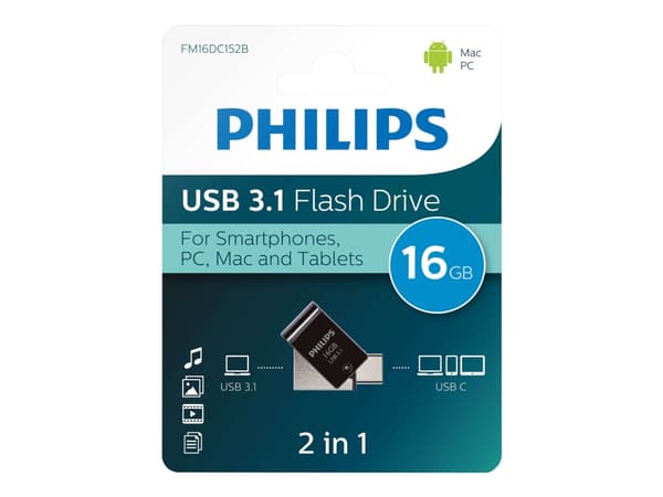 Philips FM16DC152B/00, 16 GB, USB Type-A, 3.2 Gen 1 (3.1 Gen 1), 20 MB/s, Swivel, Black, Silver
