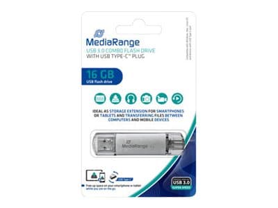 MediaRange combo - USB-flashstasjon - 16 GB - USB 3.1 / USB-C - sølv Sølv
