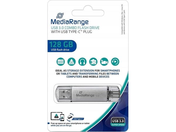 MediaRange MR938 - USB-flashstasjon - 128 GB - USB 3.0 / USB-C - sølv