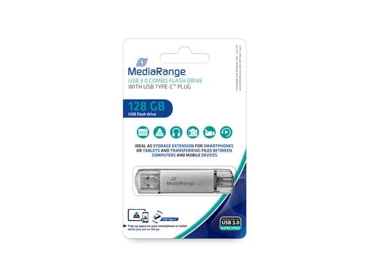 MediaRange MR938 - USB-flashstasjon - 128 GB - USB 3.0 / USB-C - sølv