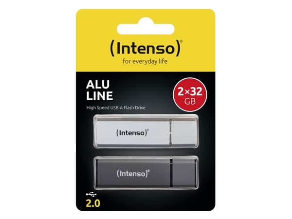 Intenso AluLine USB Drive 32GB Doppelpack 2x32GB - 32 GB, 32 GB, USB Type-A, 2.0, 28 MB/s, Med lokk, Antrasitt, Sølv