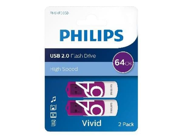 Philips FM64FD05B Vivid Edition 2.0 - USB-flashstasjon - 64 GB - USB 2.0 (en pakke 2) Lilla, Hvit