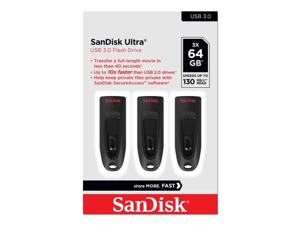 SanDisk Ultra, 64 GB, USB A-tyyppi, 3.0, 130 MB/s, Liuku, Musta