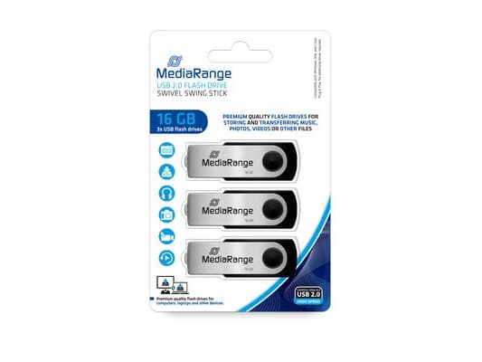 MediaRange - USB flash-enhet - 16 GB - USB 2.0 - grå, svart (paket om 3)