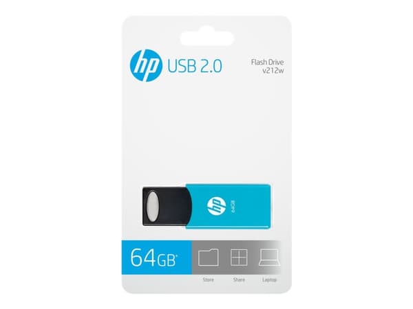 HP v212w, 64 GB, USB A-tyyppi, 2.0, 14 MB/s, Liuku, Musta, Sininen