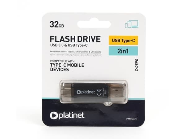 Platinet PMFC32B, 32 GB, USB Type-A / USB Type-C, 3.2 Gen 1 (3.1 Gen 1), Med lokk, Sort
