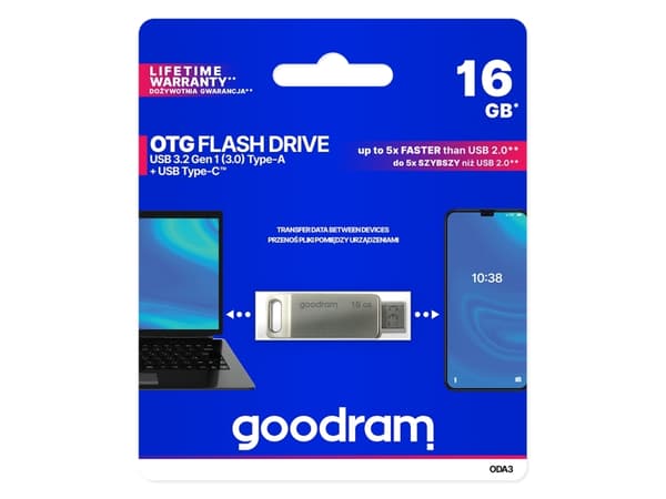 Goodram ODA3, 16 GB, USB Type-A / USB Type-C, 3.2 Gen 1 (3.1 Gen 1), 60 MB/s, Svivel, Sølv
