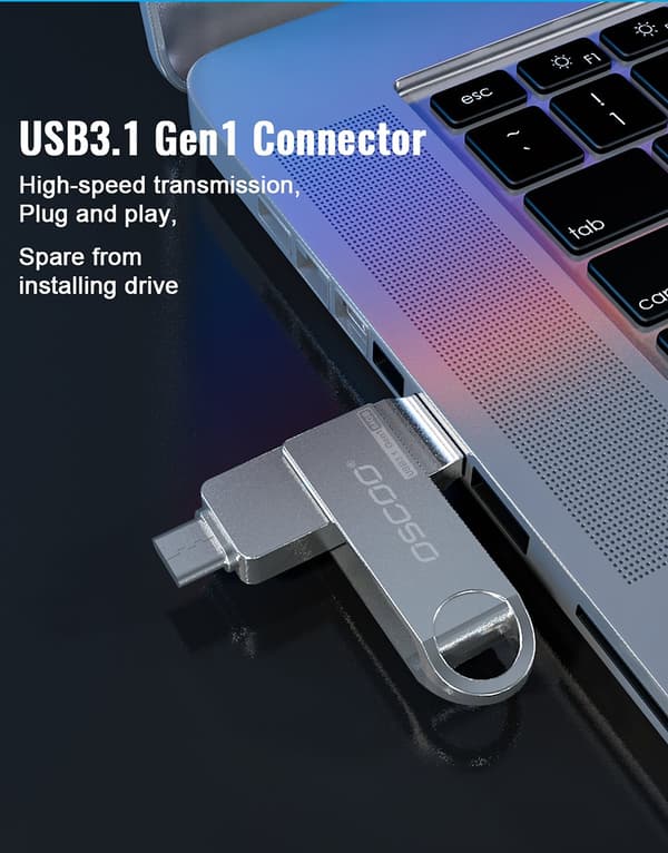 2-in-1 Type-C USB3.1 GEN1 Flash Drive 360° pyörivä peukaloaseman tuki OTG Pendrive USB Disk 32G 64G 128G 256G