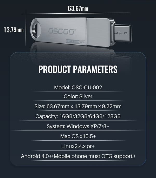 2-in-1 Type-C USB3.1 GEN1 Flash Drive 360° pyörivä peukaloaseman tuki OTG Pendrive USB Disk 32G 64G 128G 256G