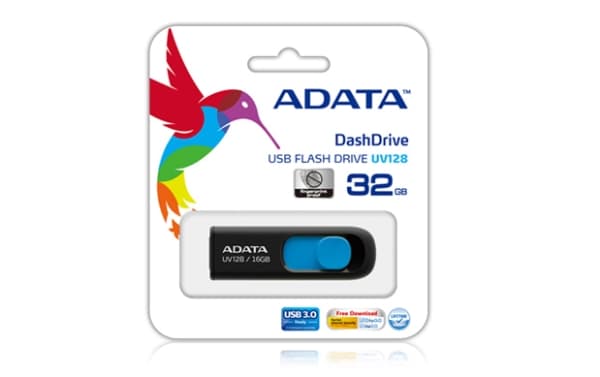 ADATA DashDrive UV128 128GB, 128 GB, USB A-tyyppi, 3.2 Gen 1 (3.1 Gen 1), 90 MB/s, Liuku, Musta, Sininen