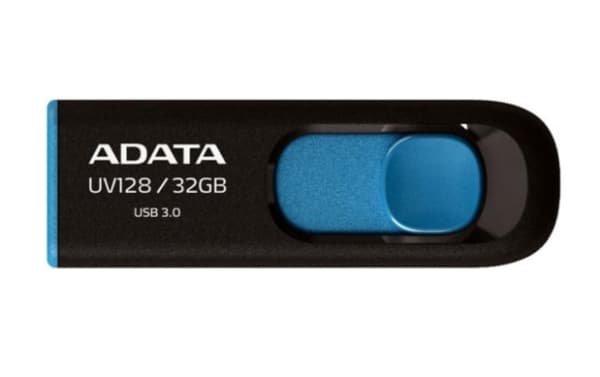 ADATA DashDrive UV128 128GB, 128 GB, USB A-tyyppi, 3.2 Gen 1 (3.1 Gen 1), 90 MB/s, Liuku, Musta, Sininen