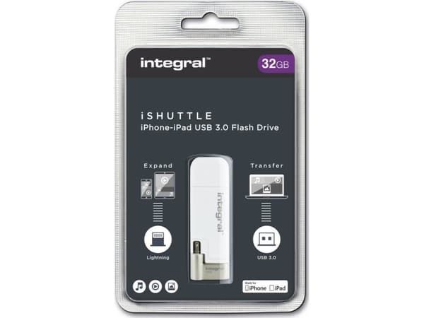 Integral ISHUTTLE, 32 GB, USB Type-A / Lightning, 3.2 Gen 1 (3.1 Gen 1), 60 MB/s, Taittuva, Hopea, Valkoinen