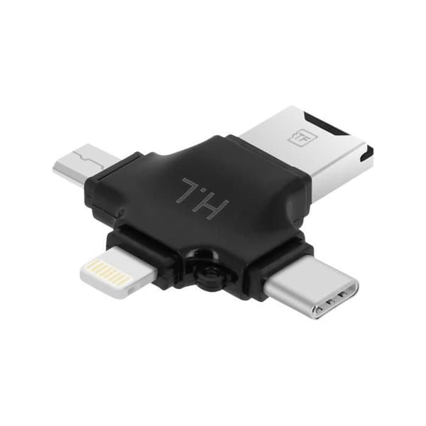 Kortläsare Micro-SD 4 i 1 - Kompakt - Svart - USB-C - Lightning - Micro-USB
