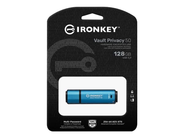 Kingston Technology IronKey Vault Privacy 50, 128 GB, USB A-tyyppi, 3.2 Gen 1 (3.1 Gen 1), 250 MB/s, Suojus, Sininen