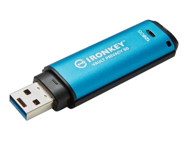 Kingston Technology IronKey Vault Privacy 50, 128 GB, USB A-tyyppi, 3.2 Gen 1 (3.1 Gen 1), 250 MB/s, Suojus, Sininen musta, Sininen