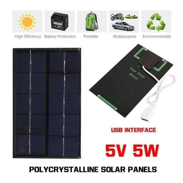 Bärbar solpanel för USB-laddning * Maximal effekt: 5 w * Driftspänning: 5 v * Gränssnitt: USB2.0 *