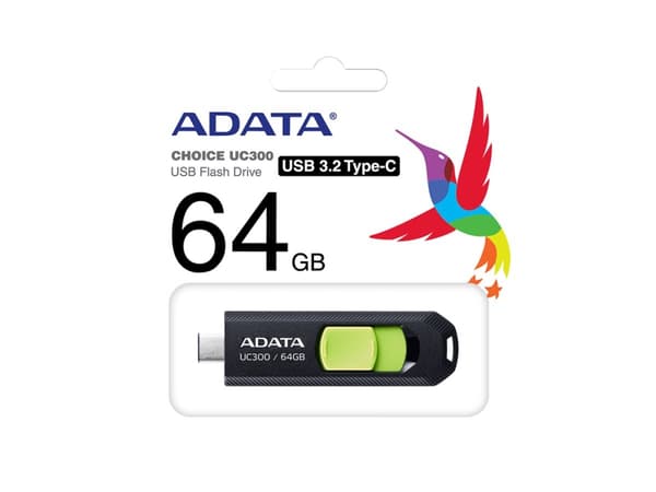 ADATA UC300, 64 GB, USB Type-C, 3.2 Gen 1 (3.1 Gen 1), 100 MB/s, Liuku, Musta, Vihreä musta, Vihreä