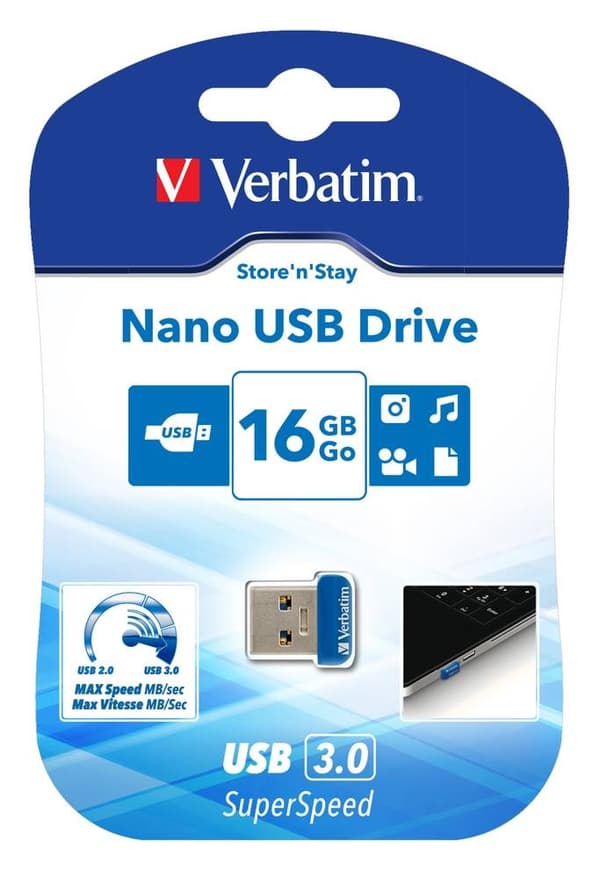 Verbatim StoreNStay Nano U3, USB3.0 minne, 16GB, blå