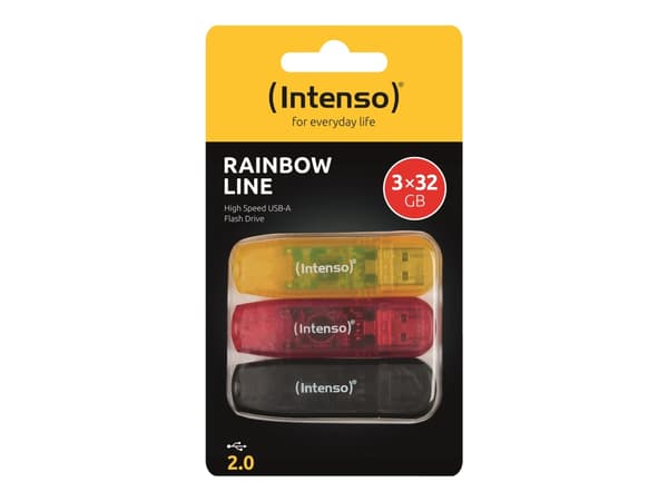 Intenso Rainbow Line - USB-flashstasjon - 32 GB - USB 2.0 - svart, gul, rød (en pakke 3) Gjennomsiktig