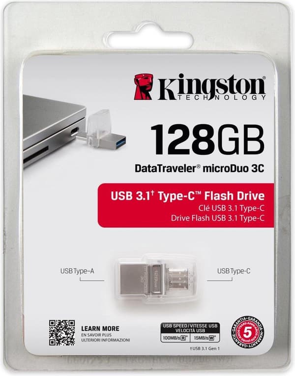 Kingston Technology DataTraveler microDuo 3C 128 GB USB-flashdrev USB Type-A / USB Type-C 3.2 Gen 1 (3.1 Gen 1) Sølv