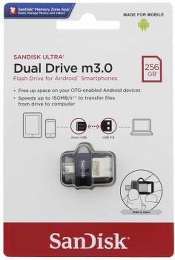 SanDisk Ultra® Dual Drive m3.0 USB-minne smartphone/surfplatta 256 GB Micro USB (OTG), USB 3.2 Gen 1 (USB 3.0)