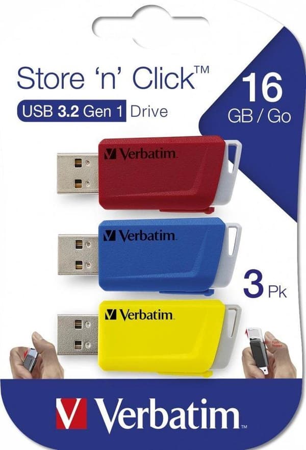 Verbatim Store 'n' Click - USB-Stick 3.2 GEN1 - 3x16 GB - Blå/Rød/Gul