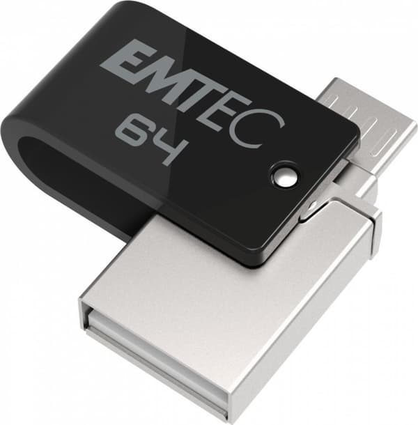 Emtec T260B USB Stick 64 GB USB Type-A / Micro-USB 2.0 Sort - Rustfrit stål (ECMMD64GT262B) Sort, Rustfrit stål