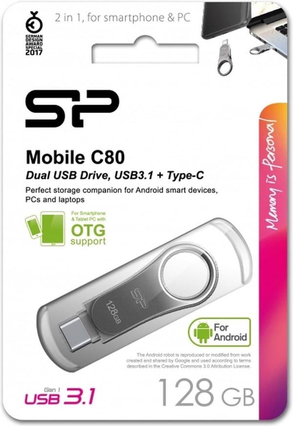 Silicon Power Mobile C80 USB-minne 128 GB USB Type-A / USB Type-C 3.0 (3.1 Gen 1) Titanium