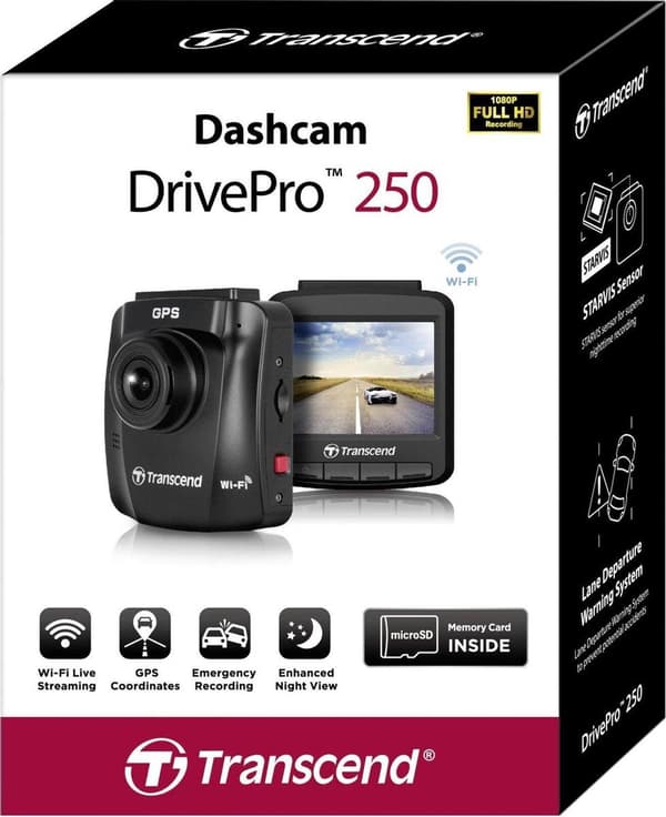 Transcend DrivePro 250 Dashcam med GPS Horisontell betraktningsvinkel (max.): 140° 12 V, 24 V WiFi, batteri