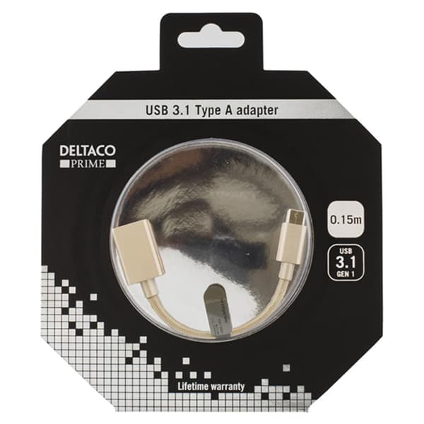 Deltaco Prime USB-C till USB-A Adapter, 0.15m, gold