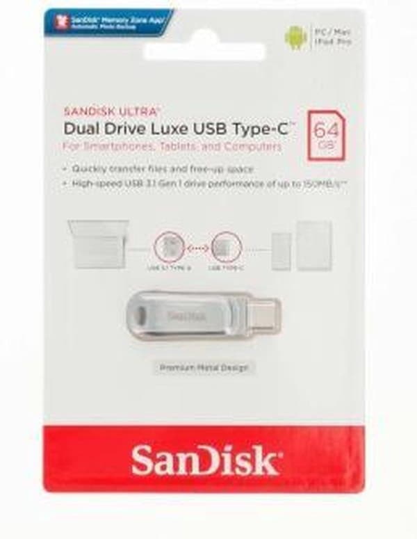 SanDisk Ultra Dual Luxe USB-minne smartphone/surfplatta Silver 64 GB USB-C USB 3.2 (Gen 1)