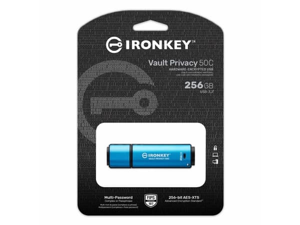 Kingston Technology IronKey VP50, 256 GB, USB Type-C, 3.2 Gen 1 (3.1 Gen 1), 230 MB/s, Suojus, Musta, Sininen