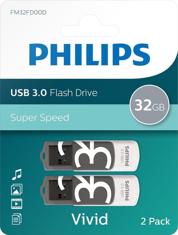Philips FM32FD00D - USB 3.0 32GB - Kirkas - Harmaa - 2 kpl