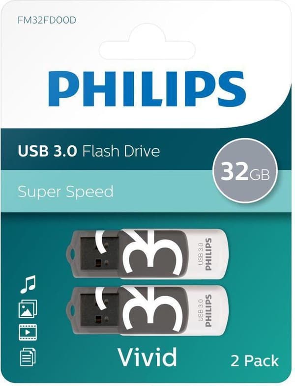 Philips FM32FD00D - USB 3.0 32GB - Levende - Grå - 2 stk. Grå, Hvid