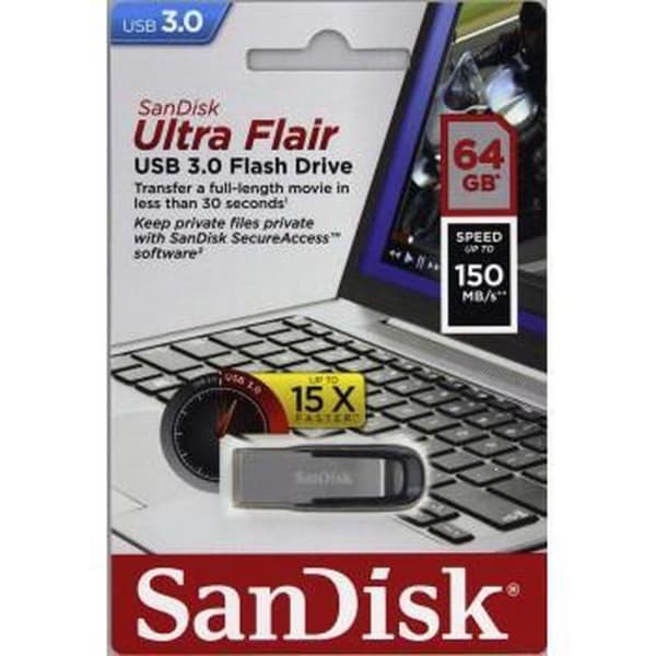 SanDisk ULTRA FLAIR USB-minne 64 GB USB Type-A 3.0 Svart, Silver